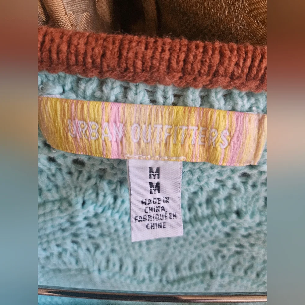 NWOT Urban Outfitters Aqua Open-Knit Sweater with Brown Trim - Picture 12 of 17